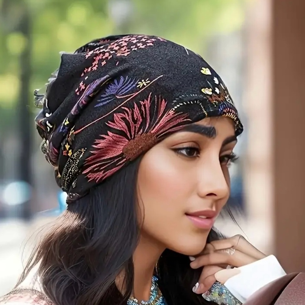Vintage Floral Slouchy Beanie Cap for Women - Polyester Knit Fabric, Lightweight
